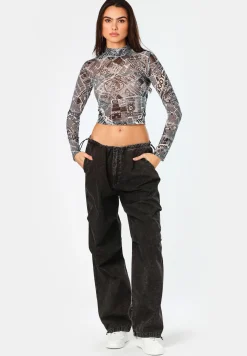 Bedrucktes Cropped-Longsleeve aus Stretch-Mesh