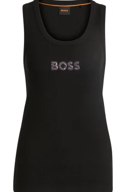 Geripptes Tanktop aus Stretch-Baumwolle mit kristallbesetztem Logo-Aufnäher