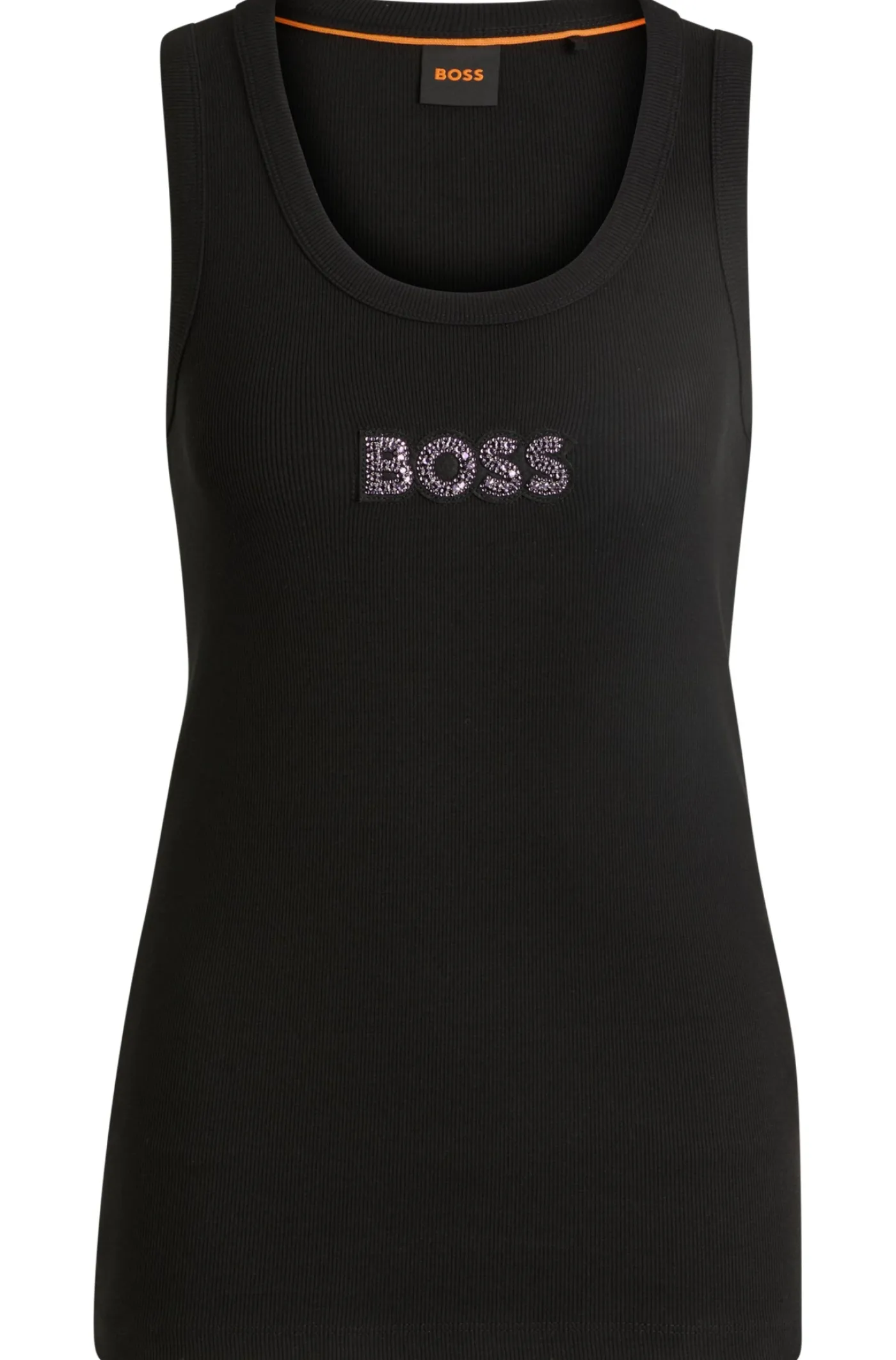 Geripptes Tanktop aus Stretch-Baumwolle mit kristallbesetztem Logo-Aufnäher