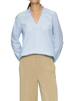 Gestreifte Popline-Bluse mit Gummizug am Ausschnitt