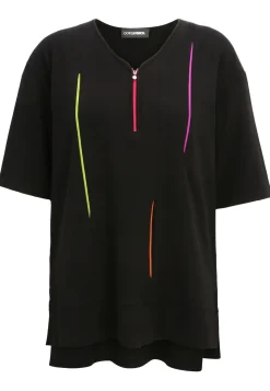 Long-Shirt mit farbigen dekorativen Reißverschlüssen und Halbarm
