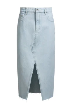 Midirock aus blauem Denim mit ausgefranstem Saum