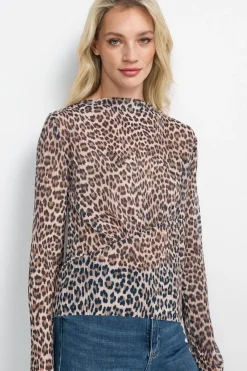 Plissiertes Longsleeve aus Mesh mit Animal-Print