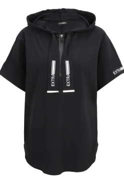 Shirt aus elastischer Wirkware mit Hoody, Reißverschluss, dekorativen Motivprints und kurzem Arm